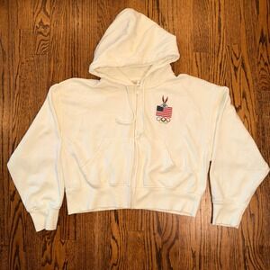 Looney Tunes x Team USA Olympic Zip Up Hoodie Embroidered Cropped Large Cream